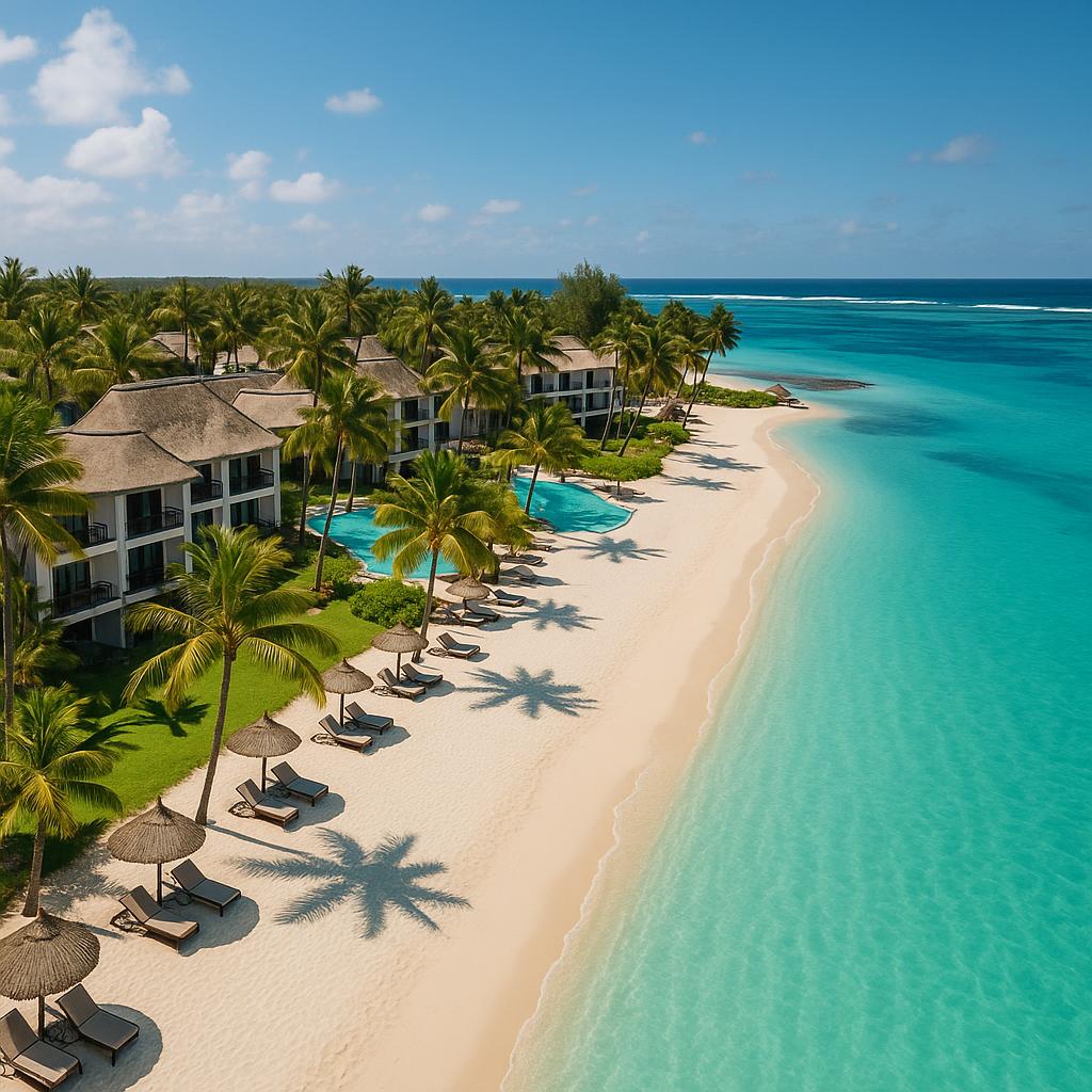 One&Only Le Saint Géran beach view with white sand and blue ocean