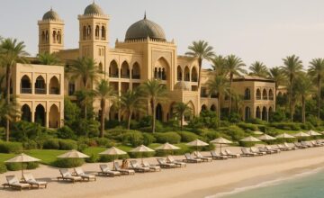 One&Only Royal Mirage resort beachfront with Arabian-style architecture and palm trees