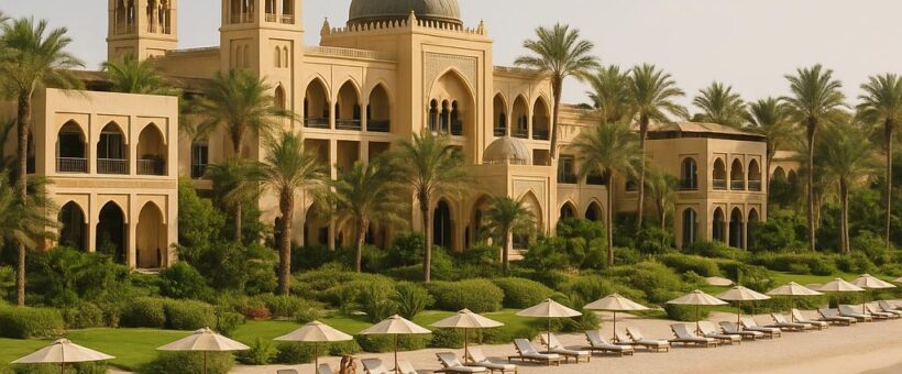 One&Only Royal Mirage resort beachfront with Arabian-style architecture and palm trees