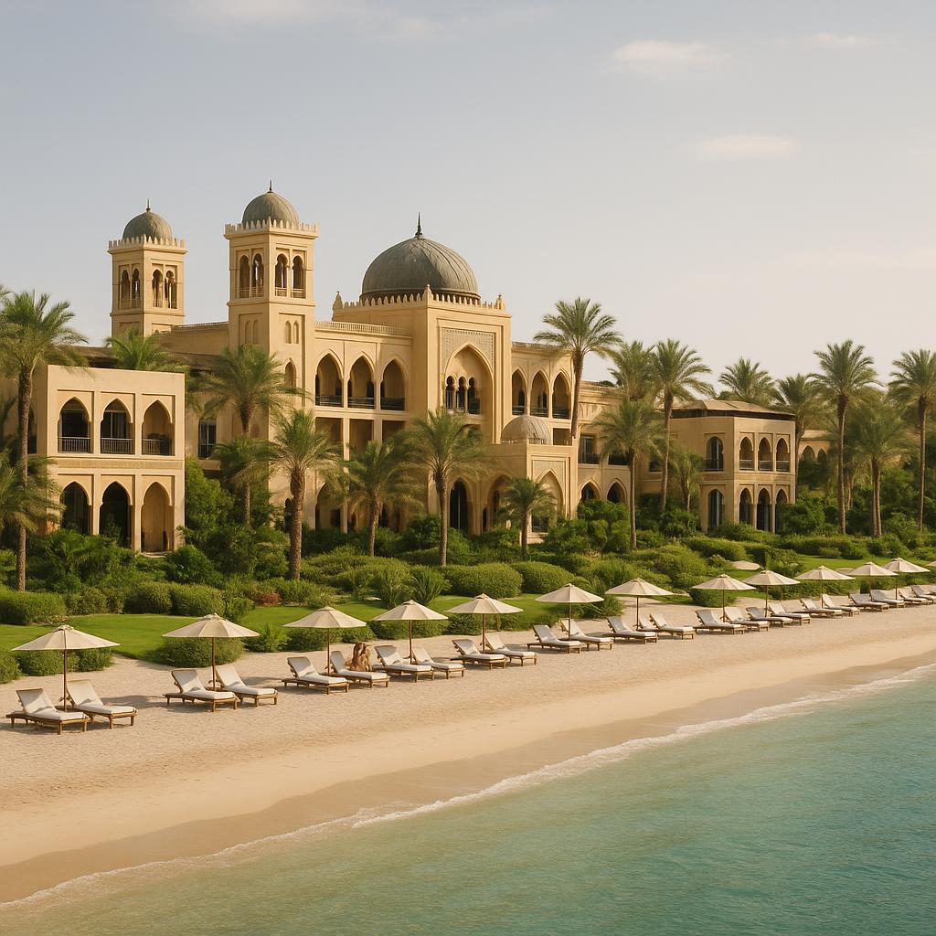 One&Only Royal Mirage resort beachfront with Arabian-style architecture and palm trees