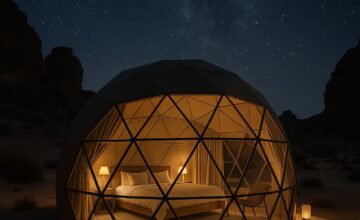 Geodesic desert dome at night with stars overhead