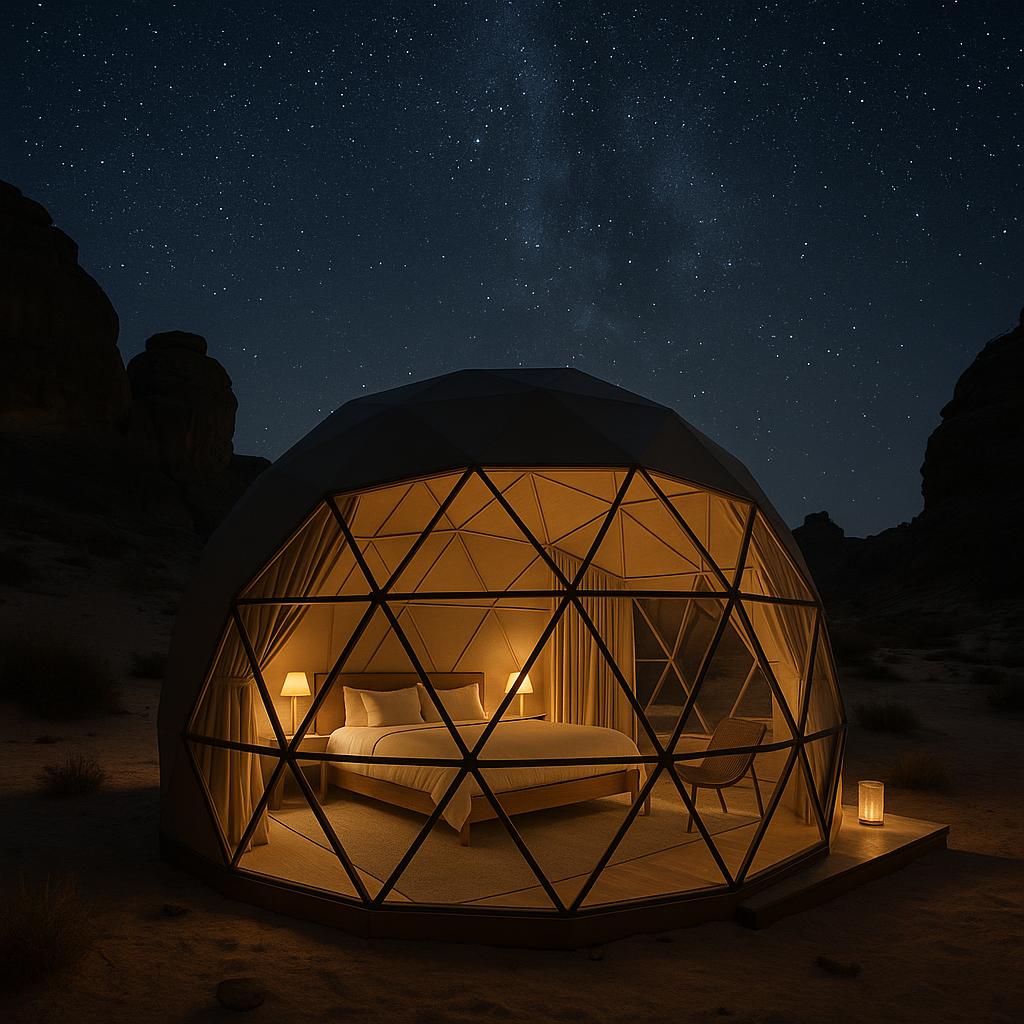 Geodesic desert dome at night with stars overhead