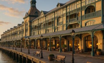 Exterior of Ovolo Woolloomooloo hotel with waterfront setting and historic architecture