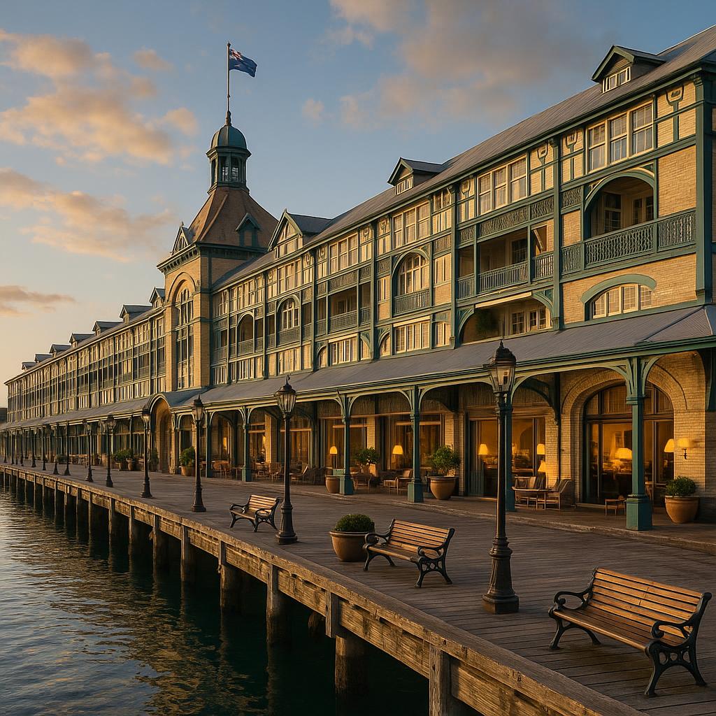 Exterior of Ovolo Woolloomooloo hotel with waterfront setting and historic architecture