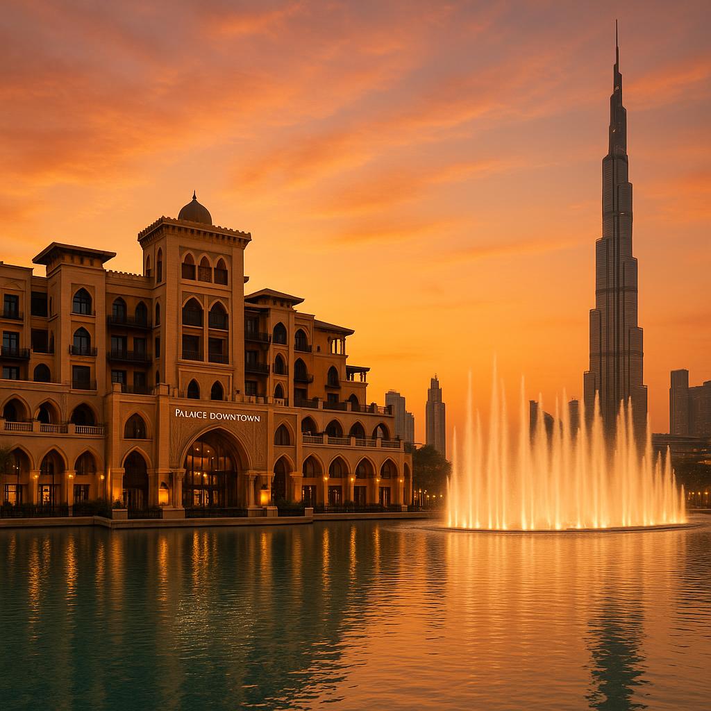 Palace Downtown hotel with Dubai Fountain at sunset