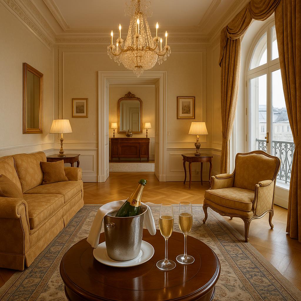 Luxurious suite interior at Palais Coburg Residenz featuring champagne and classic Viennese style