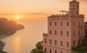 Palazzo Avino viewed from a distance with Amalfi Coast backdrop