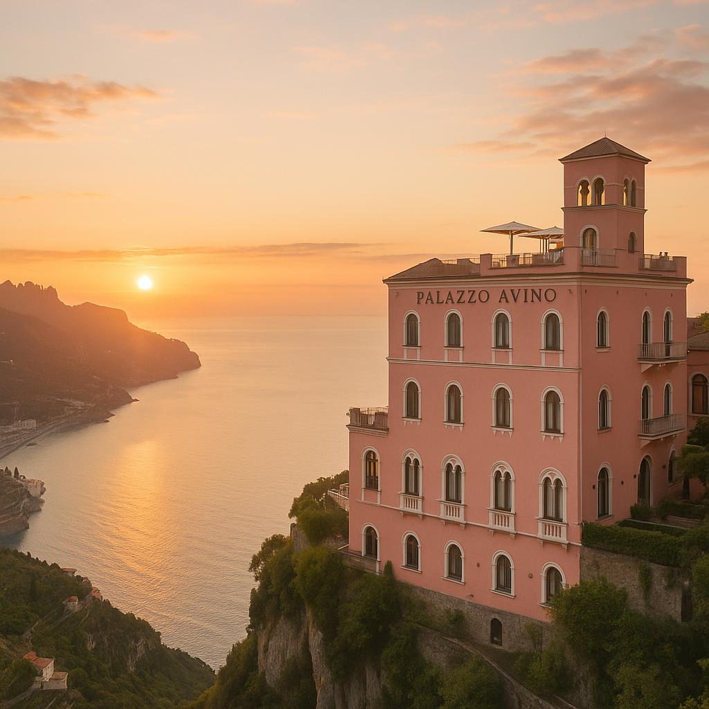 Palazzo Avino viewed from a distance with Amalfi Coast backdrop