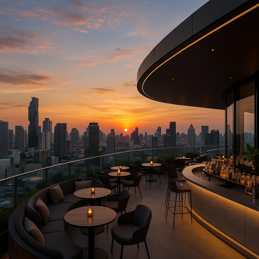 Sunset view of Bangkok skyline from Park Hyatt Bangkok rooftop
