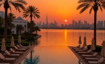 Luxurious pool overlooking Dubai Creek at sunset in Park Hyatt Dubai