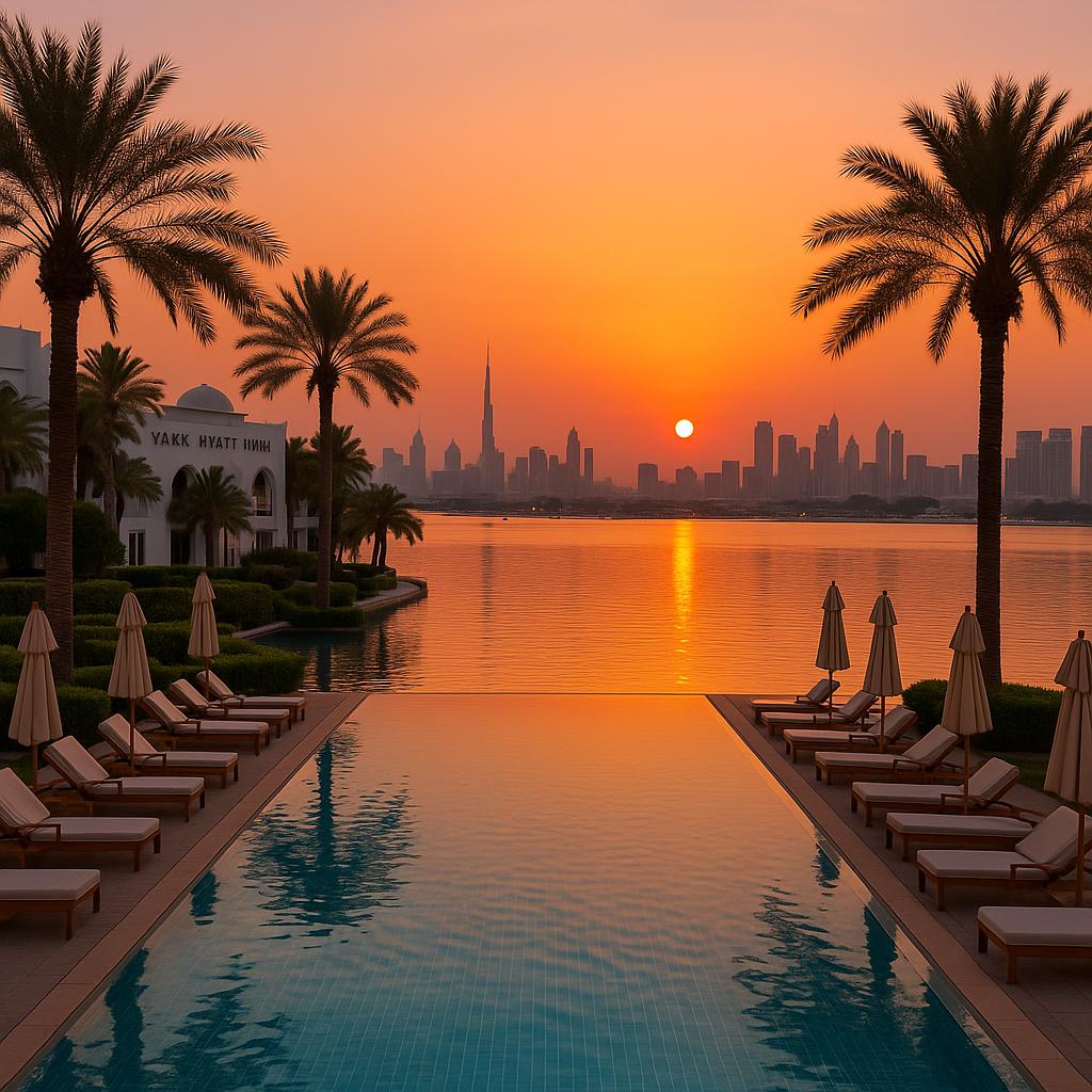 Luxurious pool overlooking Dubai Creek at sunset in Park Hyatt Dubai
