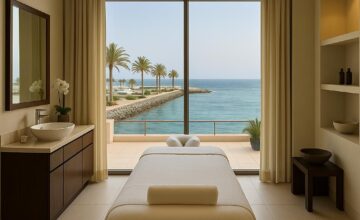 Seaside spa treatment room with panoramic Red Sea views