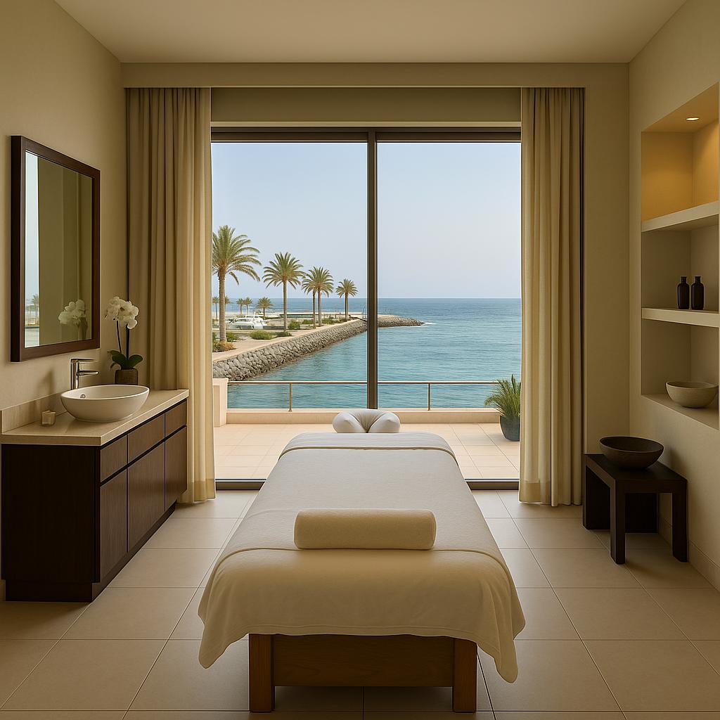 Seaside spa treatment room with panoramic Red Sea views