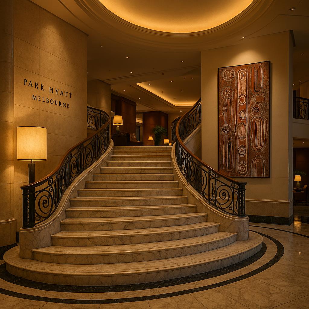 Park Hyatt Melbourne elegant lobby marble staircase and art
