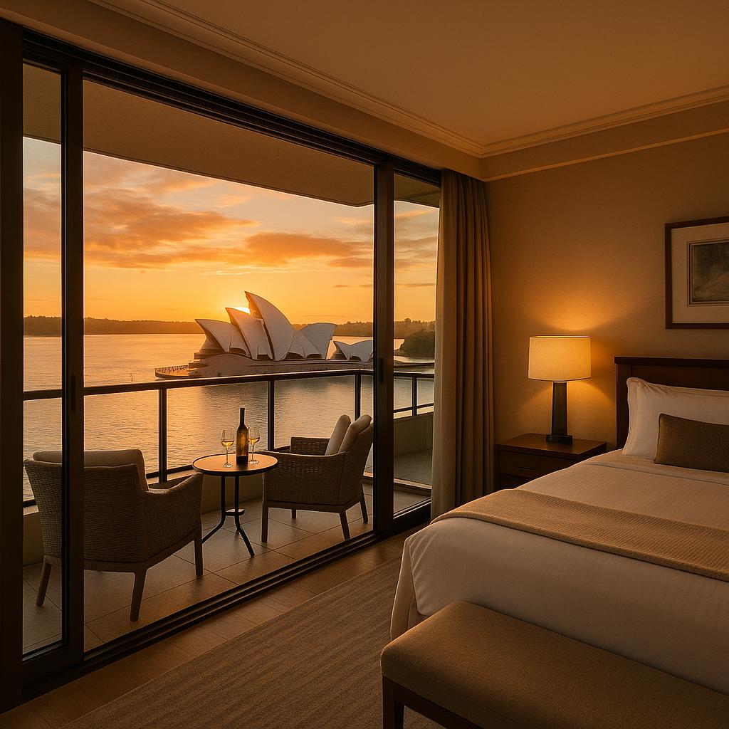 Luxury hotel balcony overlooking Sydney Opera House at sunset