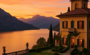 Luxury Italian villa on Lake Como with sunset view over the lake and mountains