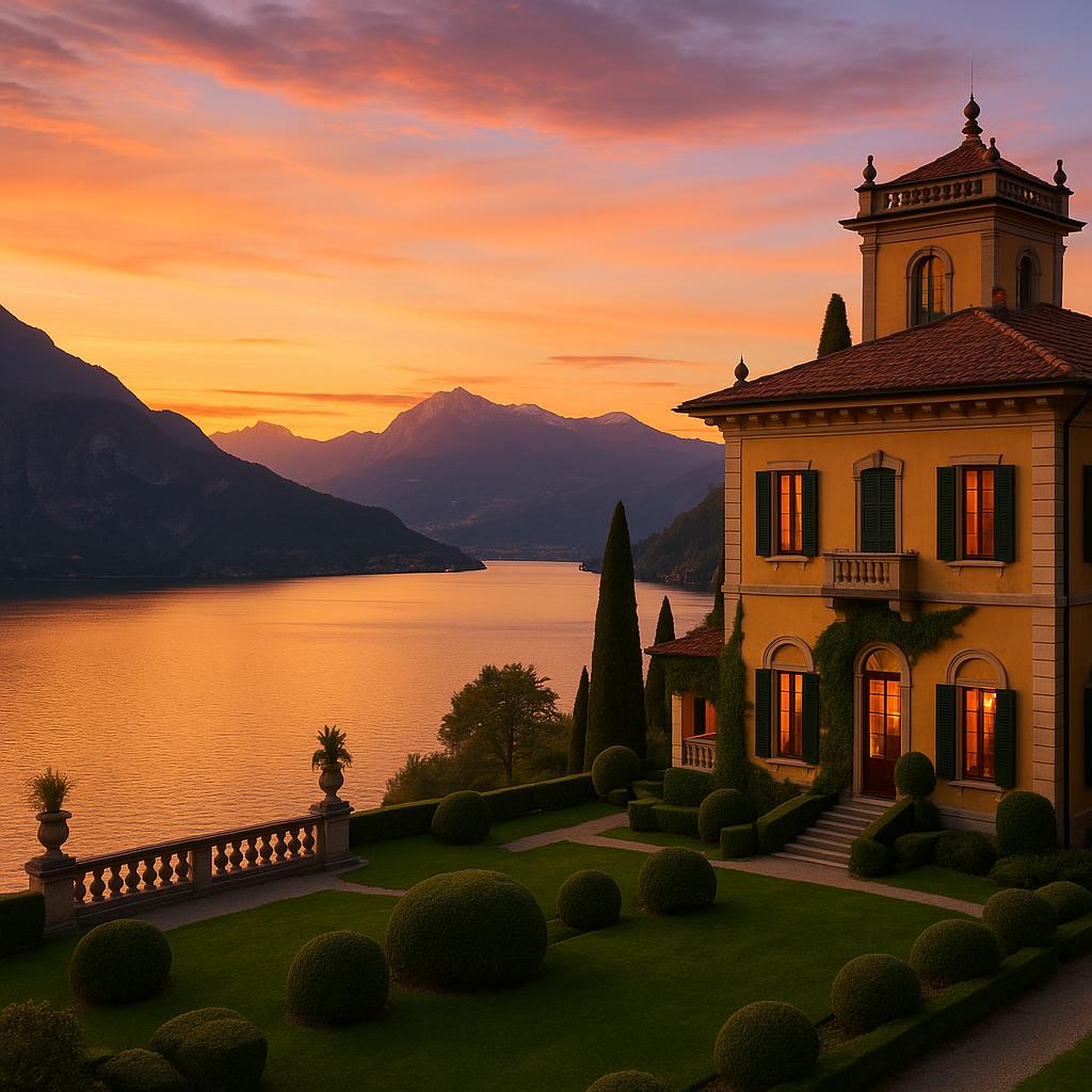 Luxury Italian villa on Lake Como with sunset view over the lake and mountains