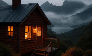 Cozy cabin with view of misty Cradle Mountain