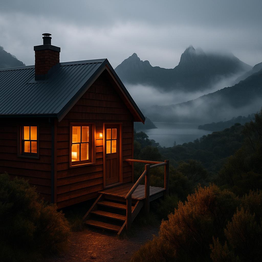 Cozy cabin with view of misty Cradle Mountain