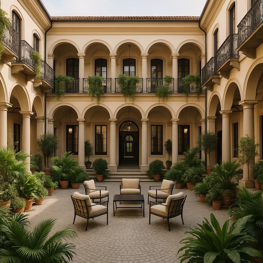 Portrait Milano courtyard with classic Milanese architecture and greenery