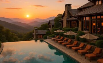 Primland Resort luxury pool with mountain views at sunset