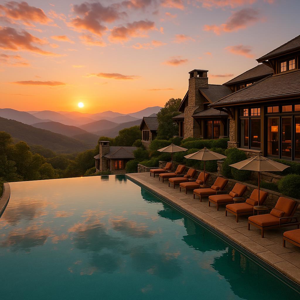 Primland Resort luxury pool with mountain views at sunset