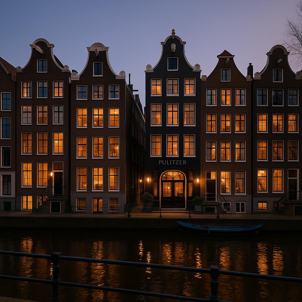Pulitzer Amsterdam historic canal houses illuminated at dusk