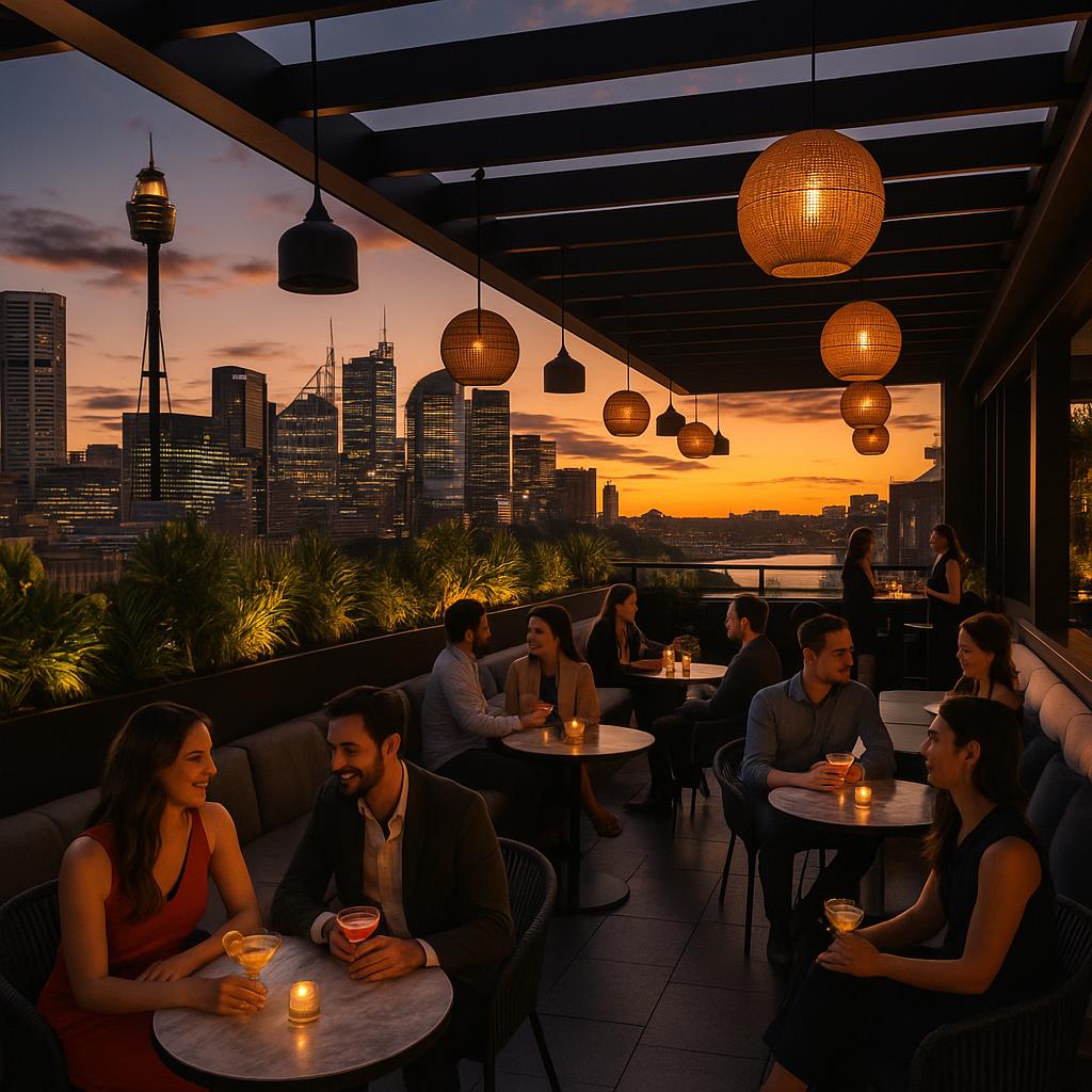 Panoramic rooftop view over Sydney skyline at sunset from QT Sydney