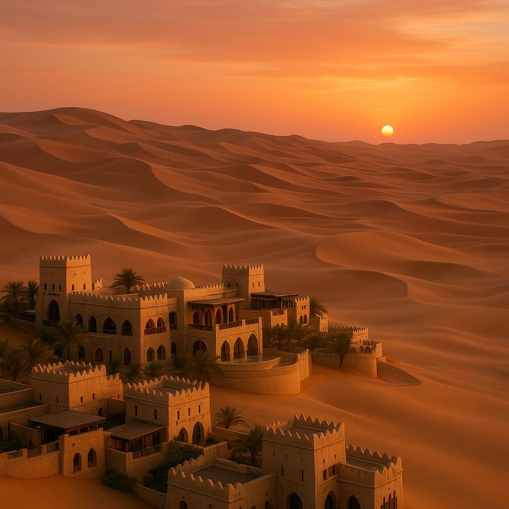 Qasr Al Sarab Desert Resort mirage effect at sunset