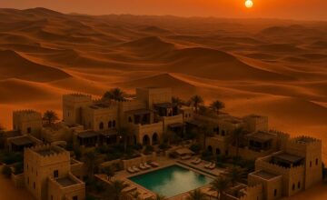 Qasr Al Sarab Desert Resort with sand dunes at sunset