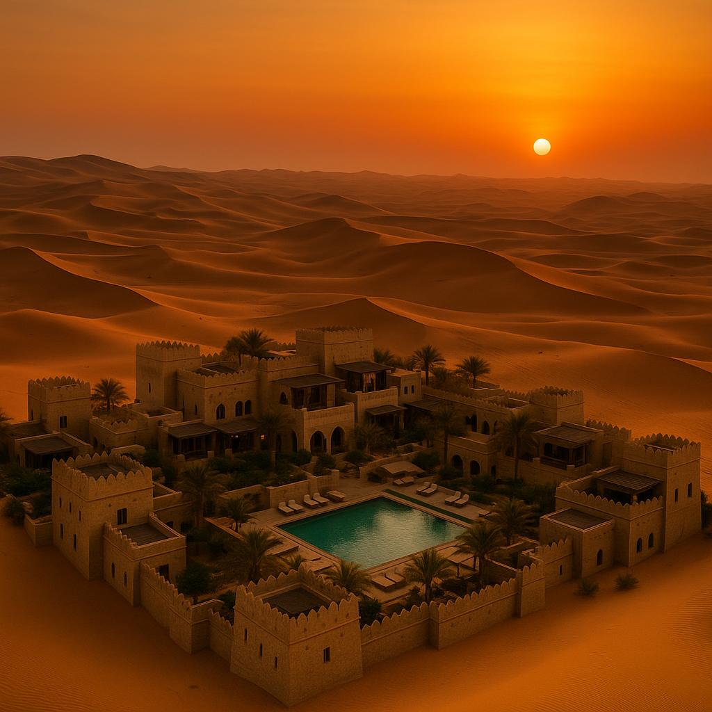 Qasr Al Sarab Desert Resort with sand dunes at sunset