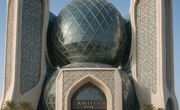 Futuristic Raffles Doha tower with geometric façade