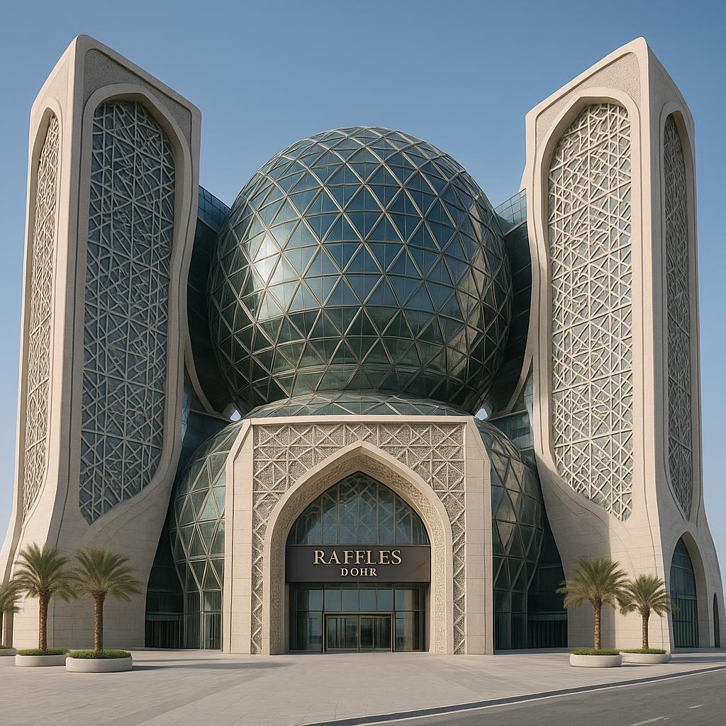 Futuristic Raffles Doha tower with geometric façade
