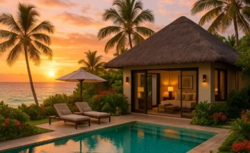 Luxury island villa at sunset with private pool and ocean view