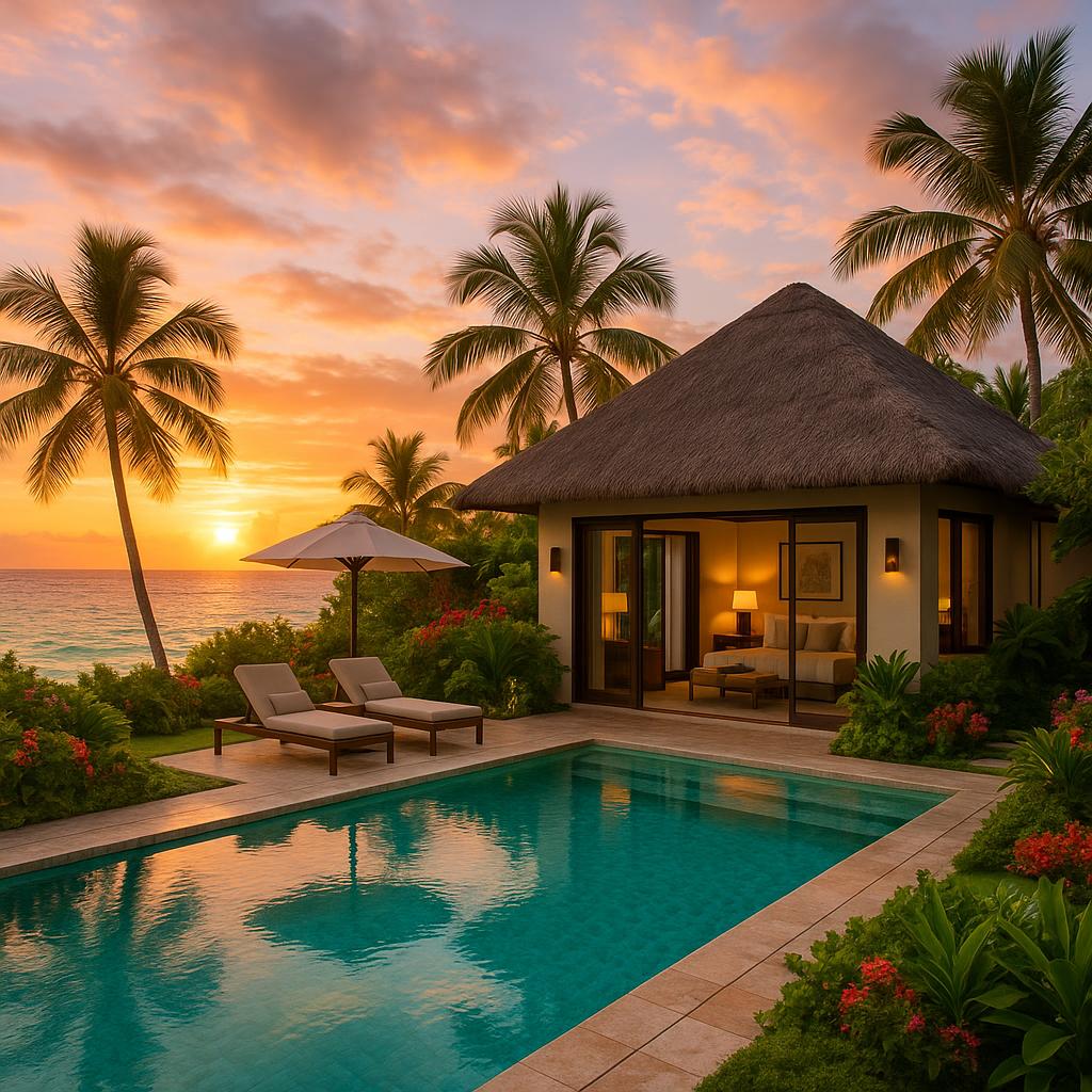 Luxury island villa at sunset with private pool and ocean view