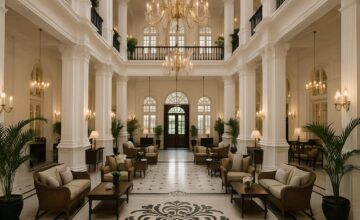 Elegant colonial lobby at Raffles Singapore
