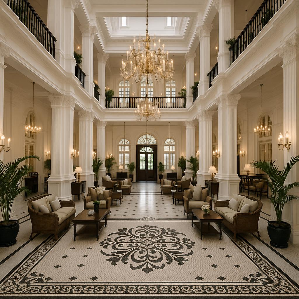Elegant colonial lobby at Raffles Singapore