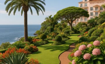 Oceanfront subtropical gardens at Reid's Palace Madeira with Atlantic Ocean in background