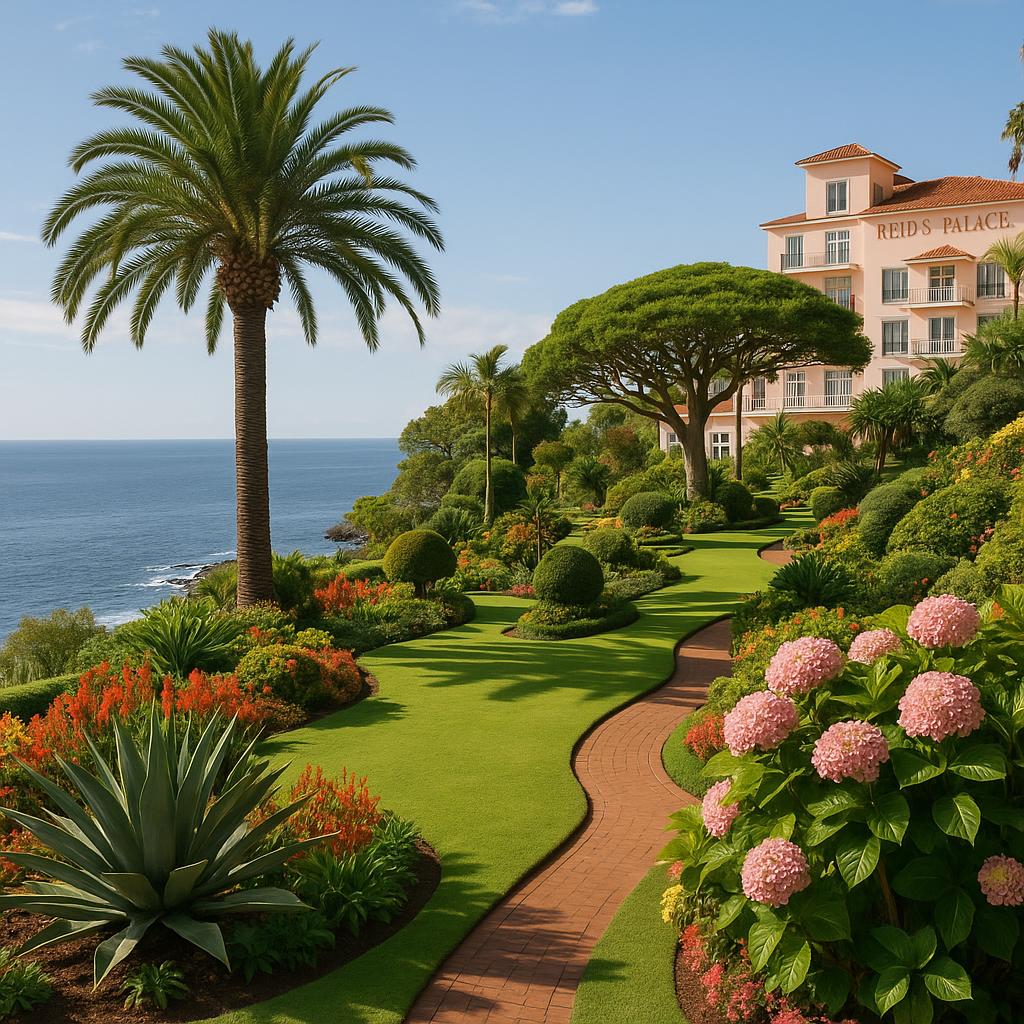 Oceanfront subtropical gardens at Reid's Palace Madeira with Atlantic Ocean in background