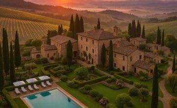 Rosewood Castiglion del Bosco estate entrance with vineyards