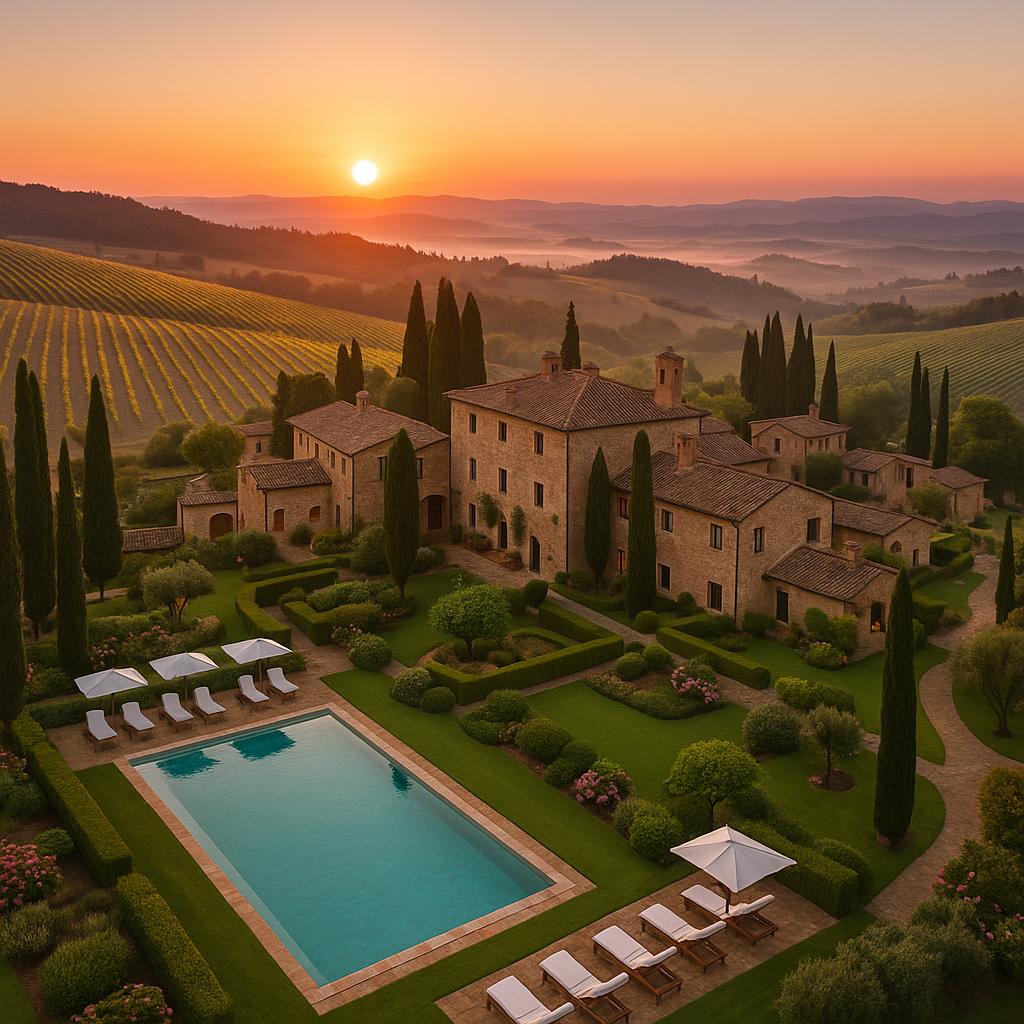 Rosewood Castiglion del Bosco estate entrance with vineyards