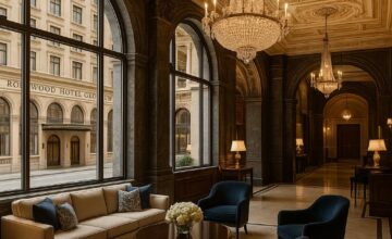 Historic facade and elegant lobby of Rosewood Hotel Georgia