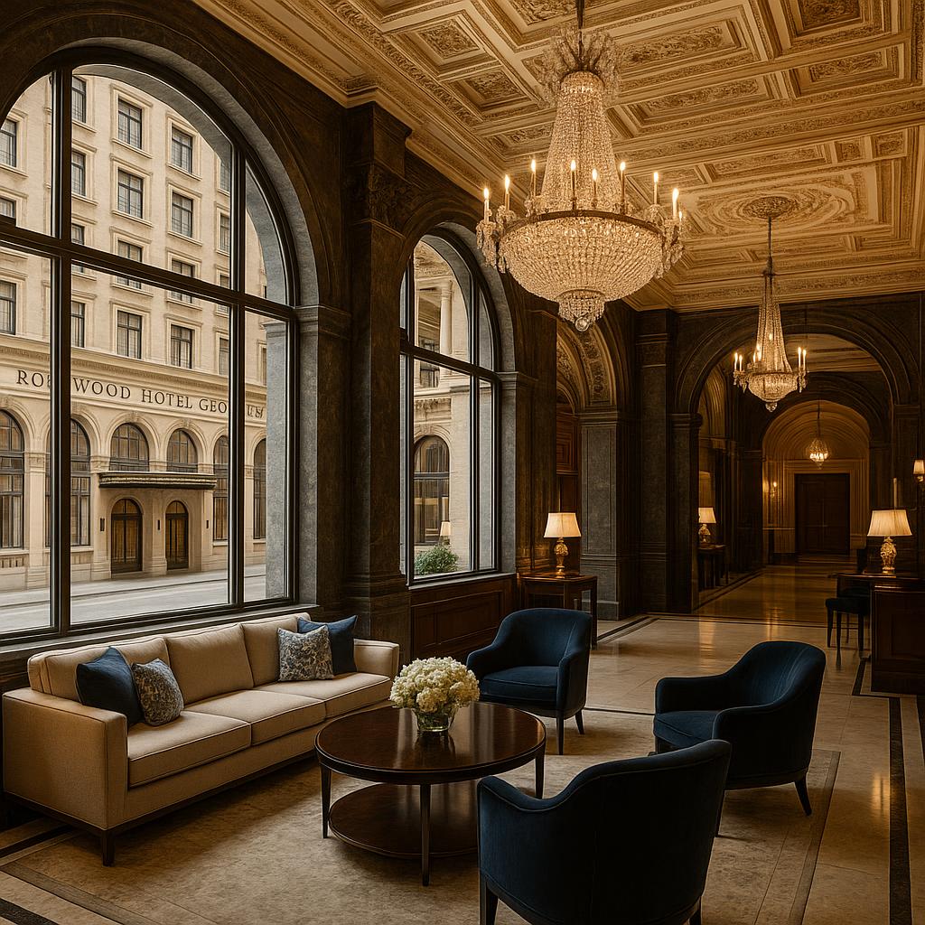 Historic facade and elegant lobby of Rosewood Hotel Georgia