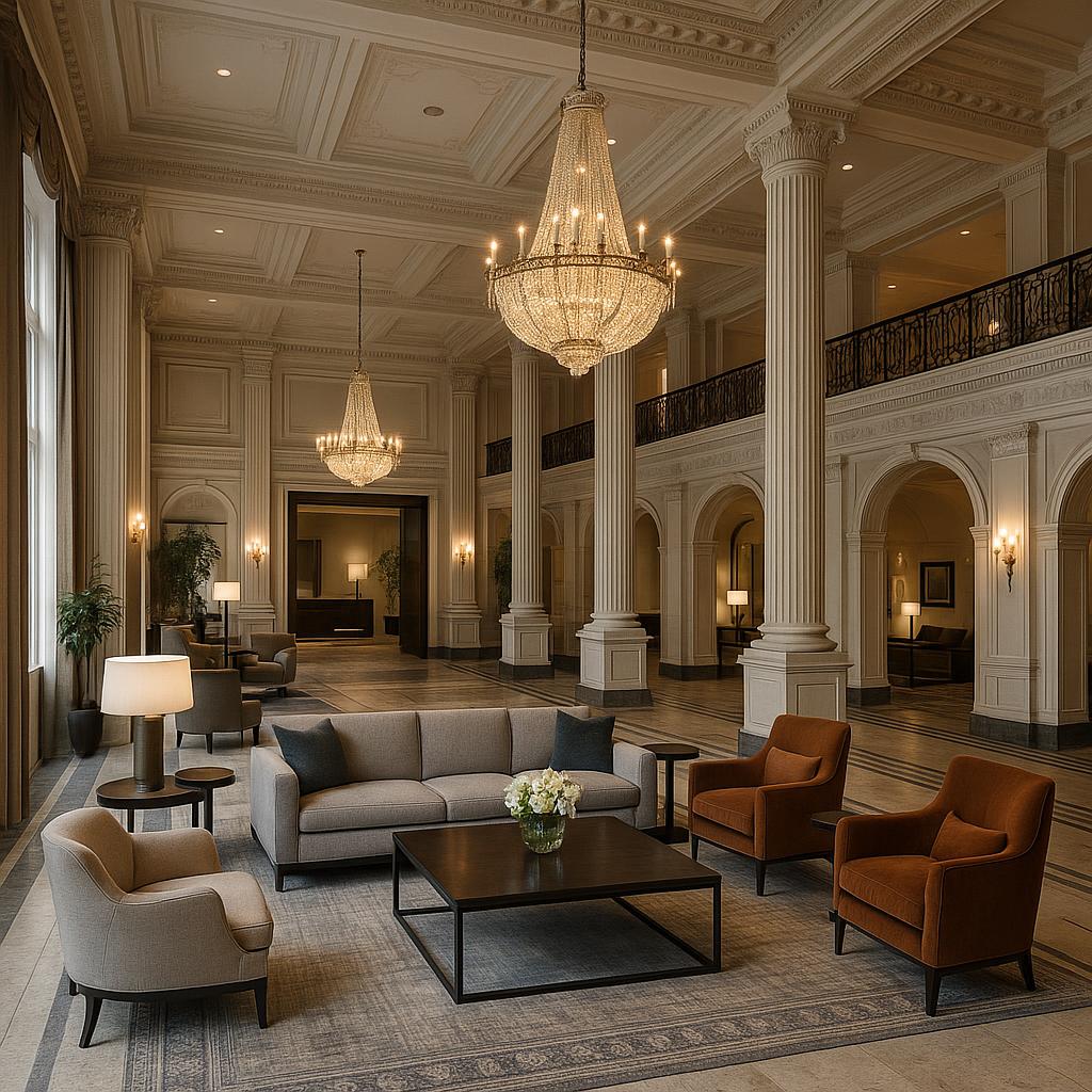 Elegant lobby of Rosewood Hotel Georgia blending classic architecture with modern furnishings