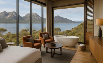 Saffire Freycinet luxury suites with view of Hazards Mountains