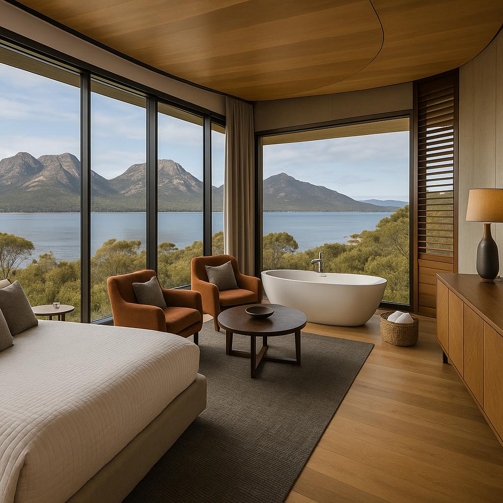 Saffire Freycinet luxury suites with view of Hazards Mountains