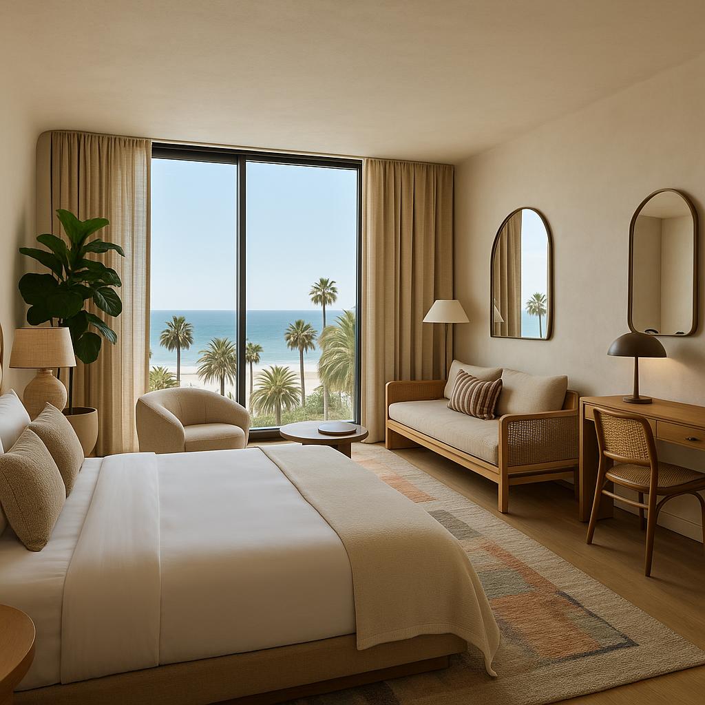 Boutique hotel room at Santa Monica Proper with ocean view and modern decor