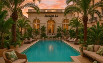 Shangri-La Paris beach club-style pool and lounge with tropical decor