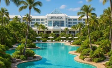 Lagoon pools at Sheraton Grand Mirage Resort with tropical gardens on the Gold Coast