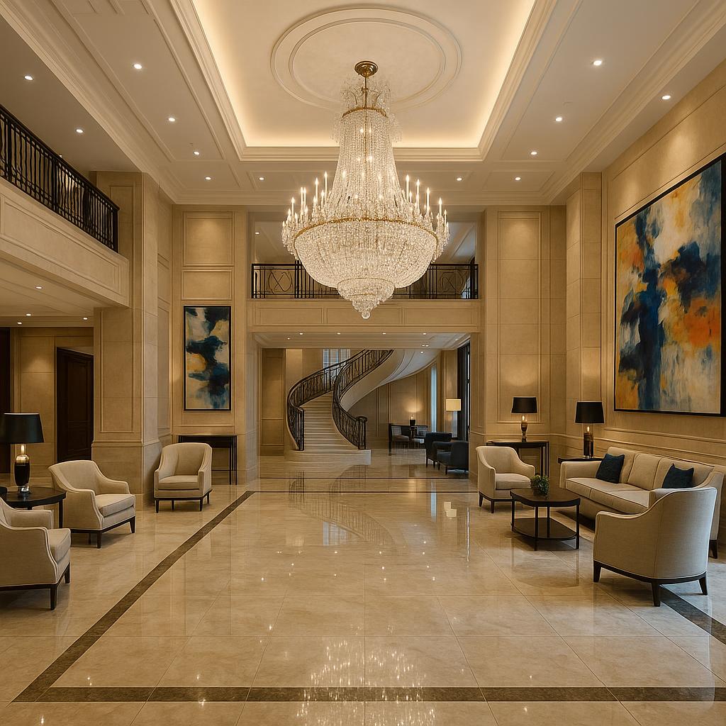 Signiel Seoul Grand Lobby with Chandelier and Marble Finish